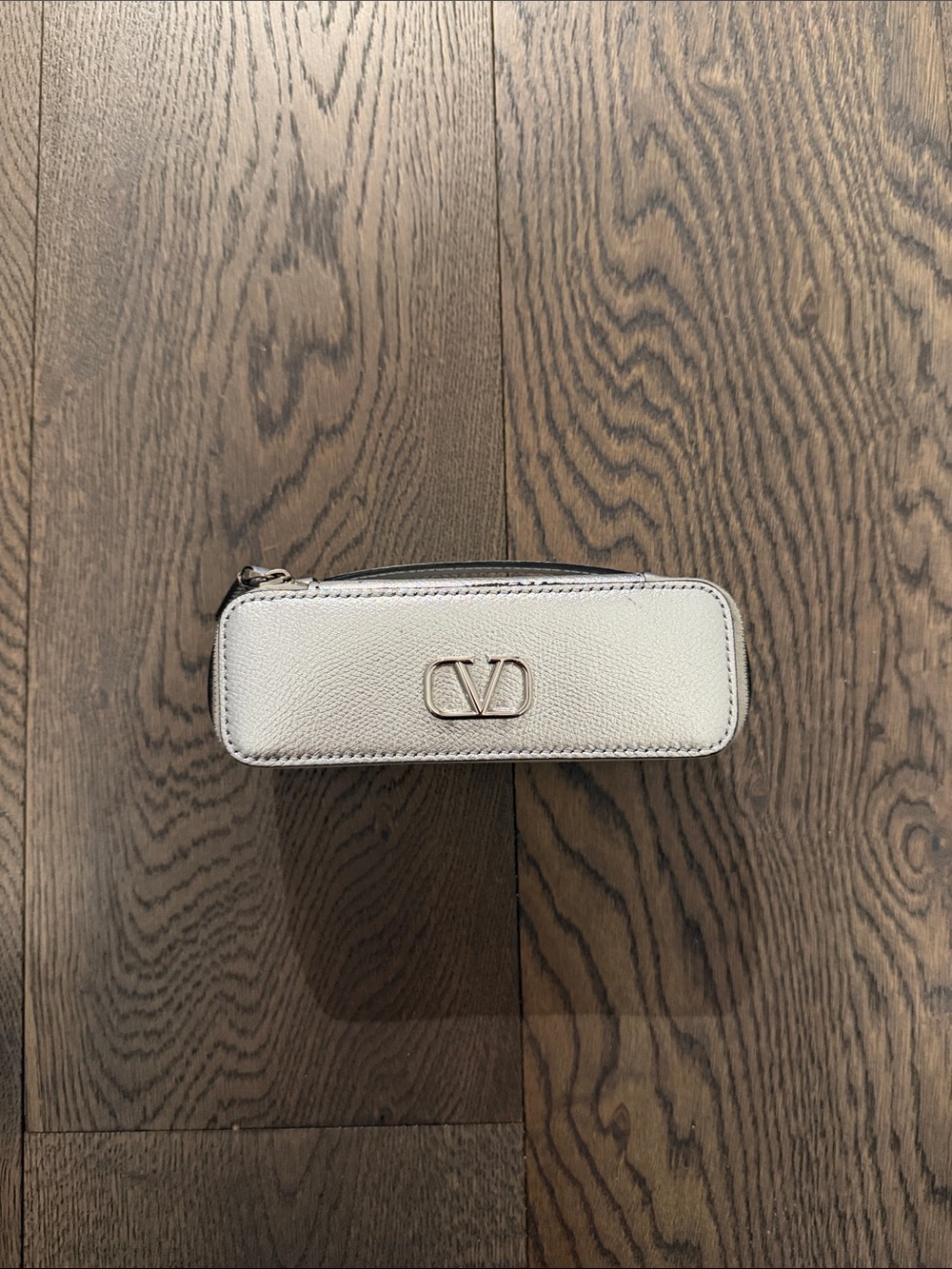Valentino Garavani Silver Leather Zip Case with Silver Logo